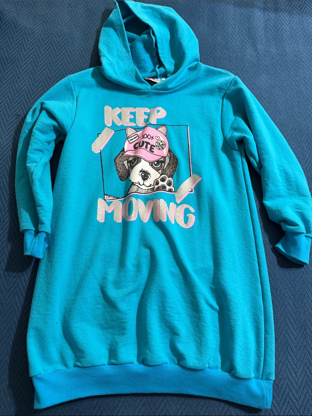Girls' Teal Hoodie Dress with 'Keep Moving' Puppy Graphic (free with purchase)